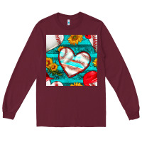 Burgundy baseball hearts and sunflowers with turquoise gemstone seamless patter Long Sleeve Tee - BundleAndBundleShop