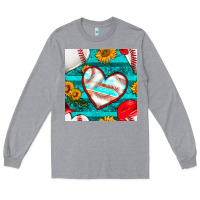 Heather Grey baseball hearts and sunflowers with turquoise gemstone seamless patter Long Sleeve Tee - BundleAndBundleShop