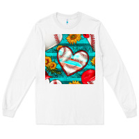 White baseball hearts and sunflowers with turquoise gemstone seamless patter Long Sleeve Tee - BundleAndBundleShop