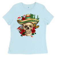 Baby Blue Di de los muertos with roses Mexico Ladies Tee - HowdyJamesFarm