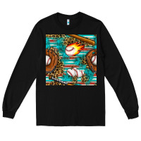 Black baseball glove and bat with serape seamless pattern Long Sleeve Tee - BundleAndBundleShop