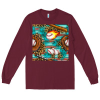 Burgundy baseball glove and bat with serape seamless pattern Long Sleeve Tee - BundleAndBundleShop