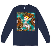 Navy baseball glove and bat with serape seamless pattern Long Sleeve Tee - BundleAndBundleShop