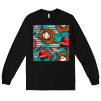Black baseball helmet and glove with serape seamless pattern Long Sleeve Tee - BundleAndBundleShop