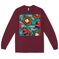 Burgundy baseball helmet and glove with serape seamless pattern Long Sleeve Tee - BundleAndBundleShop