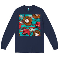 Navy baseball helmet and glove with serape seamless pattern Long Sleeve Tee - BundleAndBundleShop