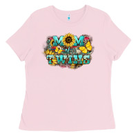 Bubblegum Pink Mom of twins sunflower mothers day Ladies Tee - HowdyJamesFarm