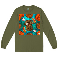 Army Green baseball leopard uniform and hotdog with gemstone seamless pattern Long Sleeve Tee - BundleAndBundleShop