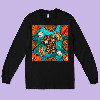 Baseball Leopard Uniform And Hotdog With Gemstone Seamless Pattern Long Sleeve Tee Designed By Bundleandbundleshop