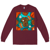 Burgundy baseball leopard uniform and hotdog with gemstone seamless pattern Long Sleeve Tee - BundleAndBundleShop