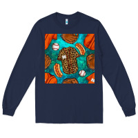 Navy baseball leopard uniform and hotdog with gemstone seamless pattern Long Sleeve Tee - BundleAndBundleShop