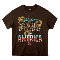 Chocolate Brown She loves Jesus and America too sunflower Heavy Core Tee - HowdyJamesFarm