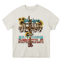 Cream She loves Jesus and America too sunflower Heavy Core Tee - HowdyJamesFarm