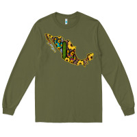Army Green Guerrero Mexico Serape Cactus Sunflower Map Long Sleeve Tee - RanaPortraitStore