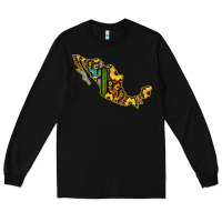 Black Guerrero Mexico Serape Cactus Sunflower Map Long Sleeve Tee - RanaPortraitStore