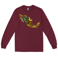 Burgundy Guerrero Mexico Serape Cactus Sunflower Map Long Sleeve Tee - RanaPortraitStore