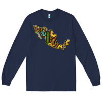 Navy Guerrero Mexico Serape Cactus Sunflower Map Long Sleeve Tee - RanaPortraitStore