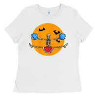 White cheerleading skeleton halloween cheer skeleton cheerleader t shirt Ladies Tee - DesignPulse