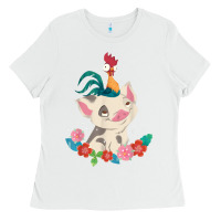White Moana HeiHei Rooster Pua Flowers Graphic Ladies Tee - PixelWave