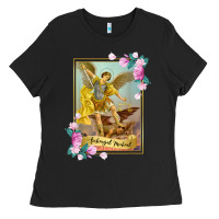 Black St Michael the Archangel - Protector Catholic Church Angel Ladies Tee - PixelWave