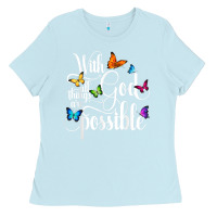 Baby Blue With God All Things Are Possible  Religious Butterfly Art Ladies Tee - InspiraDesign