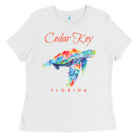 White Cedar Key Florida Watercolor Sea Turtle Sweatshirt Ladies Tee - InspiraDesign