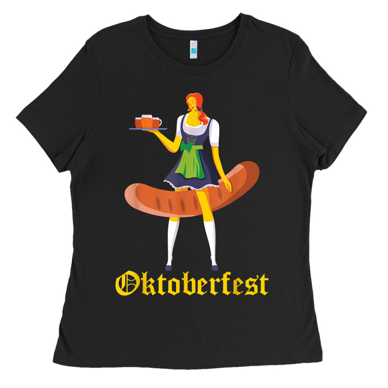 Barmaid Oktoberfest Funny German Woman Dirndl Bratwurst T Shirt Ladies Tee by InspiraDesign | Teevron