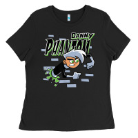 Black Danny Phantom Coming Through Brick Wall Ladies Tee - InspiraDesign