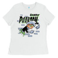 White Danny Phantom Coming Through Brick Wall Ladies Tee - InspiraDesign