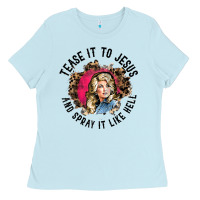 Baby Blue tease it to jesus and spray it like hell leopard western raglan baseba Ladies Tee - ArtChic