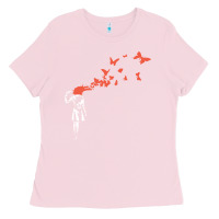 Bubblegum Pink banksy headshot butterfly Ladies Tee - ArtChic