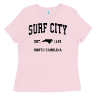 Bubblegum Pink Surf City North Carolina Nc Vintage Sports Design Black Prin Ladies Tee - StudioElite
