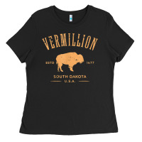 Black vermillion south dakota bison distressed design t shirt Ladies Tee - StudioElite