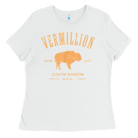 White vermillion south dakota bison distressed design t shirt Ladies Tee - StudioElite
