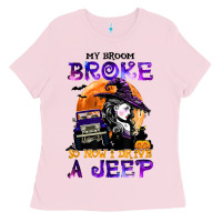 Bubblegum Pink my broom broke so now i drive a j.e.e.p witch halloween t shirt Ladies Tee - StudioElite