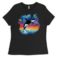 Black Orca Killer Whale Starry Night Impressionist Dog Art By Aja Ladies Tee - PixelFlow