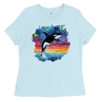 Baby Blue Orca Killer Whale Starry Night Impressionist Dog Art By Aja Ladies Tee - PixelFlow