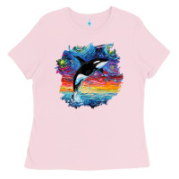 Bubblegum Pink Orca Killer Whale Starry Night Impressionist Dog Art By Aja Ladies Tee - PixelFlow