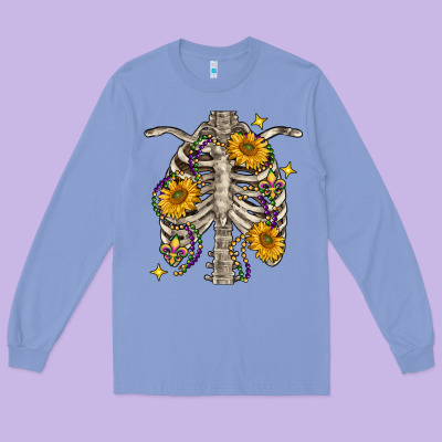Mardi Gras Chest Sunflowers Skeleton Long Sleeve Tee Designed By Fadigitalartstudio