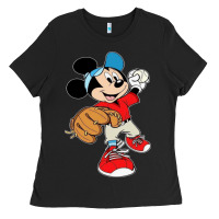 Black micky-playing-baseball-cartoon-illustration-- Ladies Tee - PixelFlow