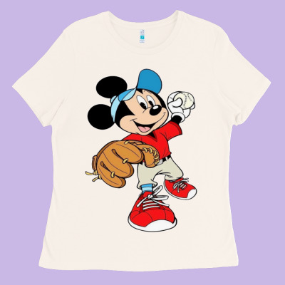 Micky-playing-baseball-cartoon-illustration-- Ladies Tee Designed By Pixelflow