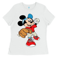 White micky-playing-baseball-cartoon-illustration-- Ladies Tee - PixelFlow
