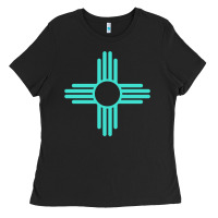 Black New Mexico Zia Sun in Turquoise Blue Ladies Tee - PixelFlow
