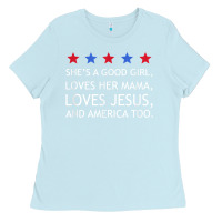 Baby Blue she's a good girl, she's loves her mama, loves jesus t shirt Ladies Tee - FloraArt