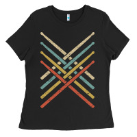 Black retro vintage drummer tshirt 70s 80s distressed drum sticks long sleev Ladies Tee - FloraArt