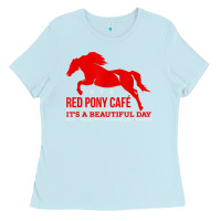 Baby Blue Red Pony Cafe, Funny cute horse lover Ladies Tee - ArtMosaic