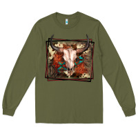 Army Green Western Bull Skull Long Sleeve Tee - FaDigitalArtStudio