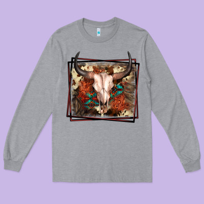Western Bull Skull Long Sleeve Tee Designed By Fadigitalartstudio