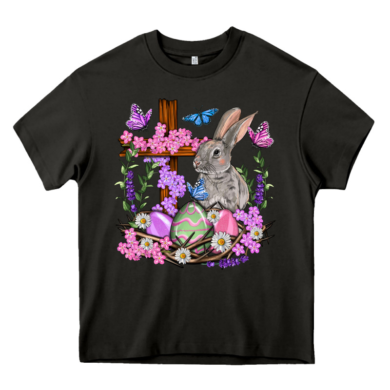 Easter Eggs And Bunny With Cross Easter Day Heavy Core Tee by HowdyJamesFarm | Teevron