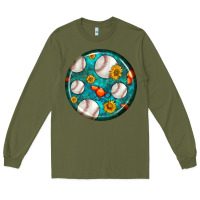Army Green baseball with sunflower round earrings Long Sleeve Tee - BundleAndBundleShop